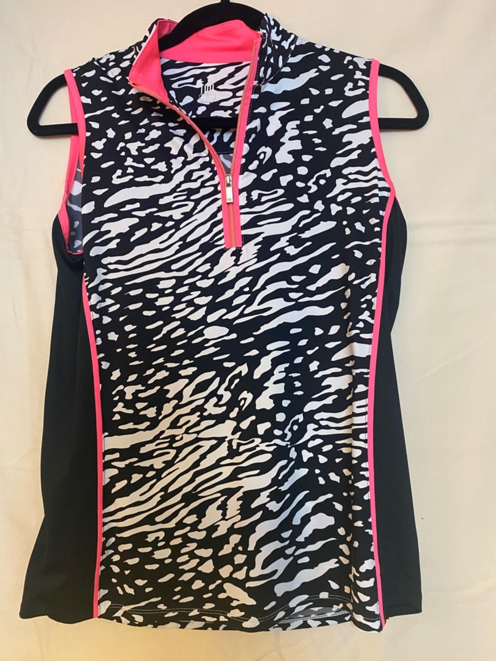 Tail Sleeveless Zebra Print black and white Athletic Top with Neon Pink Trim